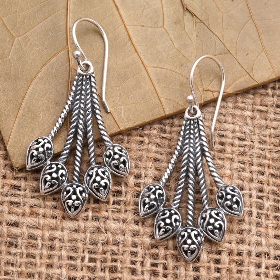 Artisan Crafted Sterling Silver Dangle Earrings 'Sukawati Sheaves'