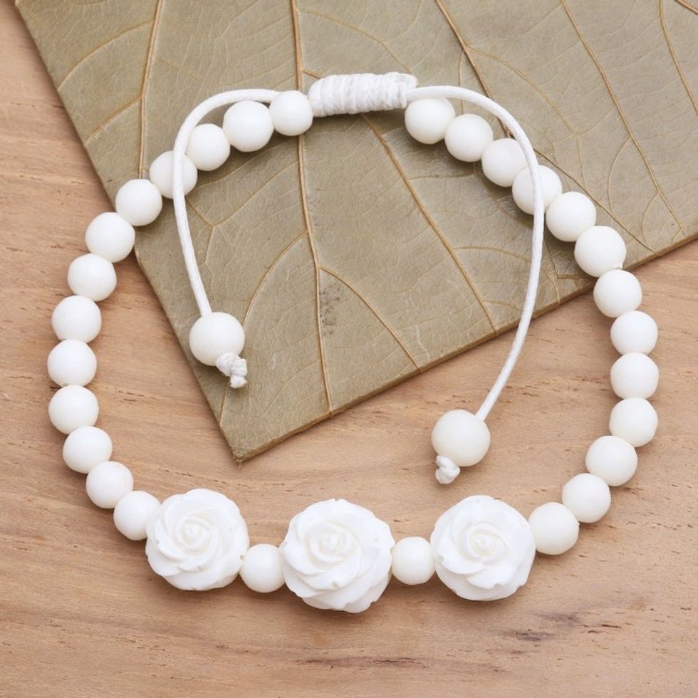 Beaded Bracelet with 3 Hand Carved Roses 'Ivory Roses'