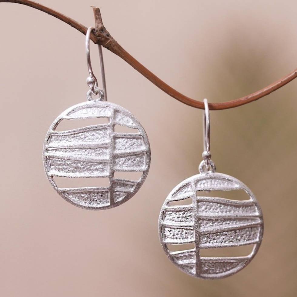 Modern Circular Sterling Silver Dangle Earrings from Bali 'Intriguing Circles'