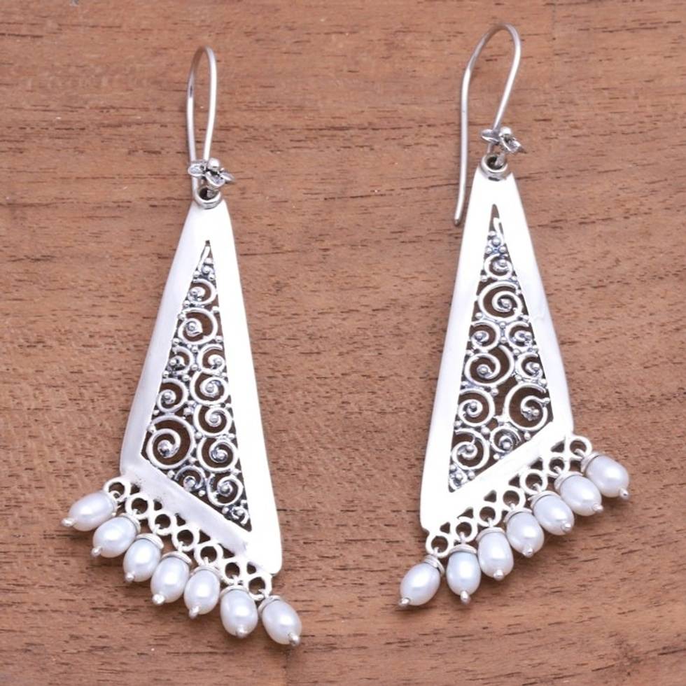 Swirl Pattern Cultured Pearl Chandelier Earrings from Bali 'Swirling Triangles'