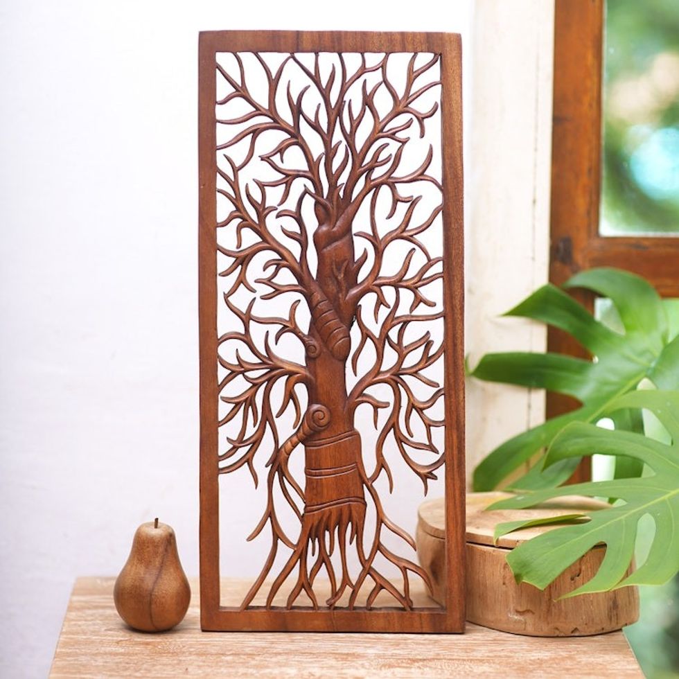 Intricate Tree Suar Wood Relief Panel from Bali 'Ancient Tree'