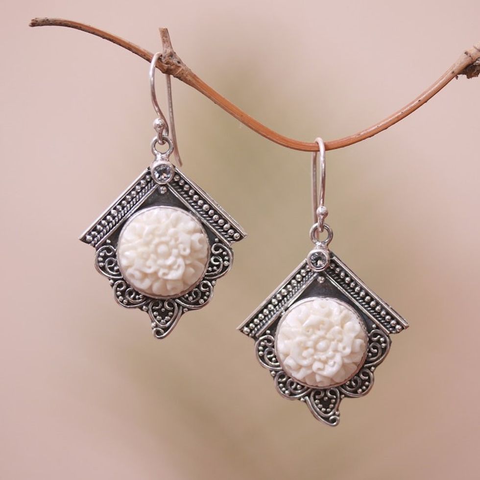 Floral Blue Topaz Dangle Earrings from Java 'Flower Roofs'