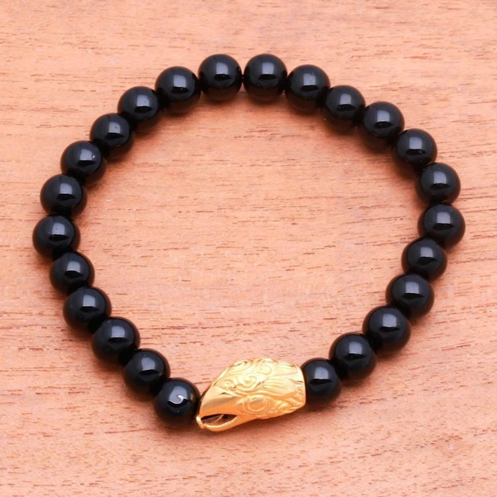 Gold Accented Eagle-Themed Onyx Beaded Stretch Bracelet 'Alert Eagle'