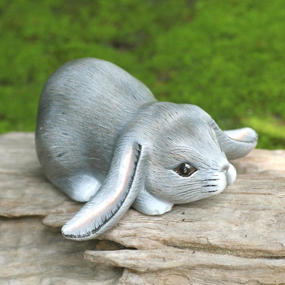 Balinese Signed Grey Lop-Eared Rabbit Sculpture 'Grey Lop-Eared Bunny'