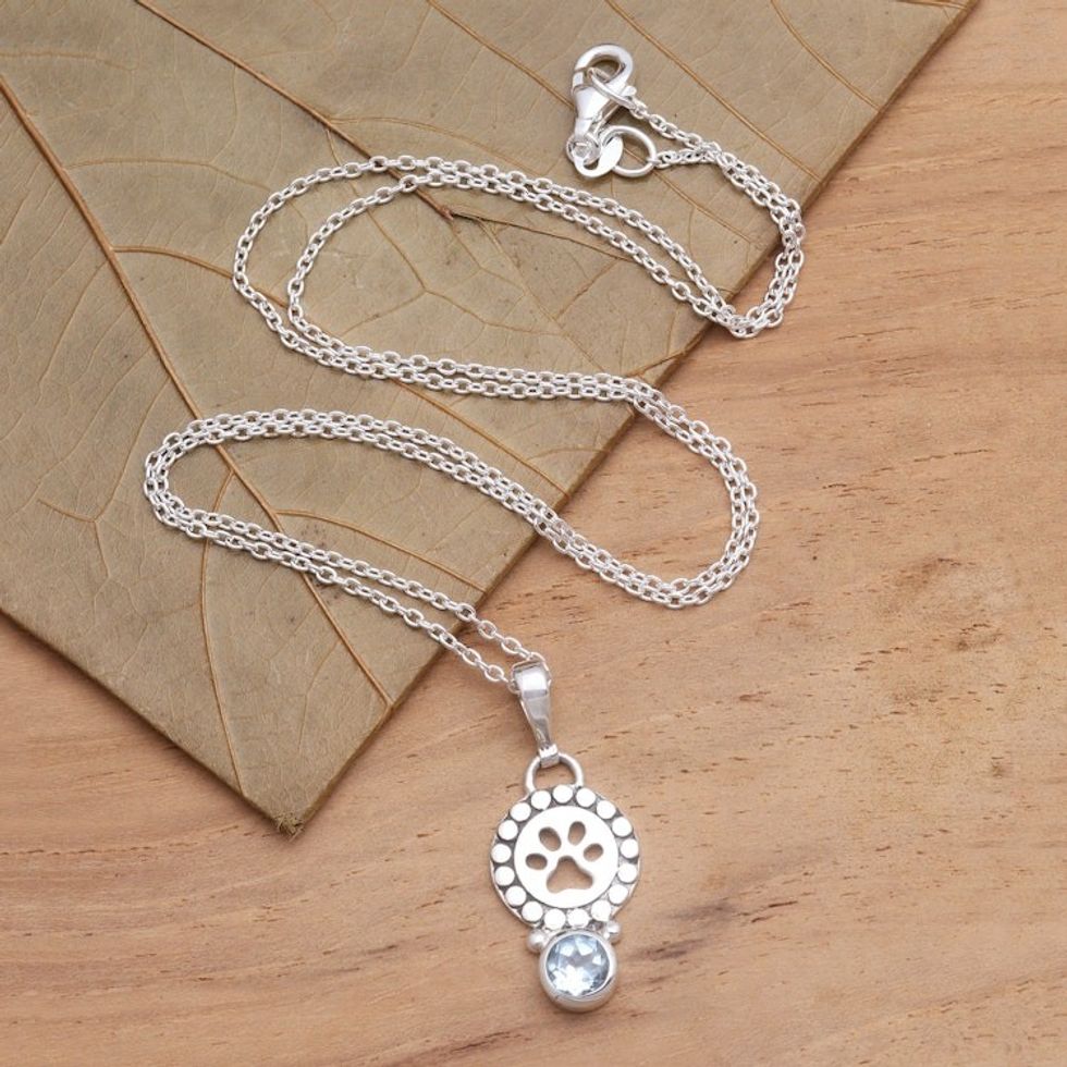 18-Inch Necklace with Faceted Blue Topaz Pawprint Pedant 'Pawprint Memory'