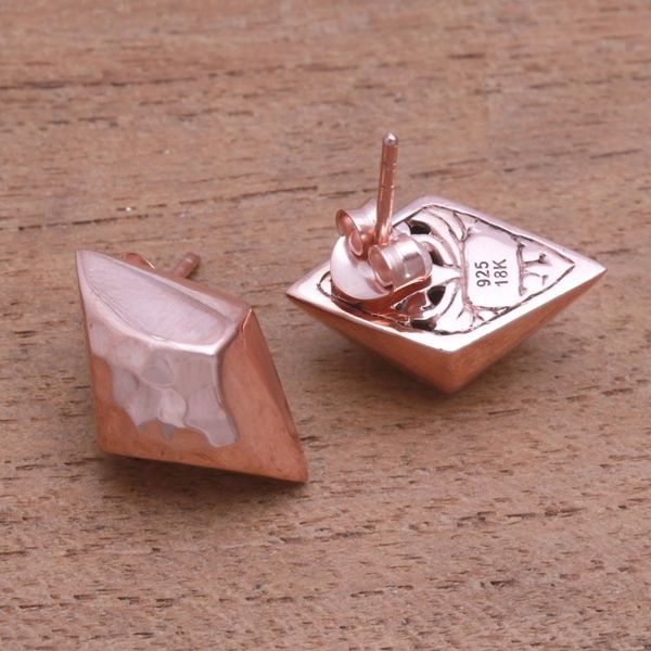 Alternate image for Diamond-Shaped Rose Gold Plated Sterling Silver Earrings Hammered Diamonds