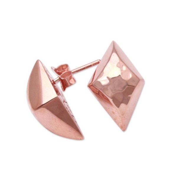 Alternate image for Diamond-Shaped Rose Gold Plated Sterling Silver Earrings Hammered Diamonds
