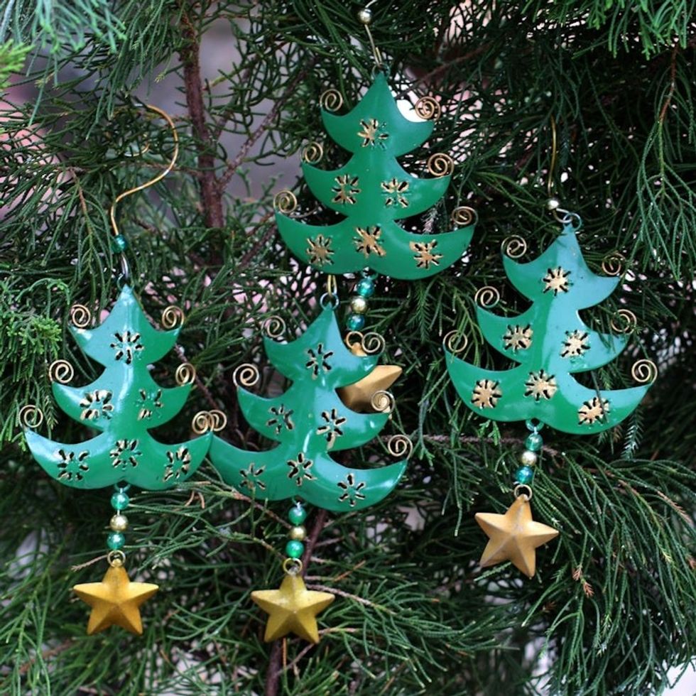 Handmade Steel Tree Ornaments from Bali Set of 4 'Starry Trees'