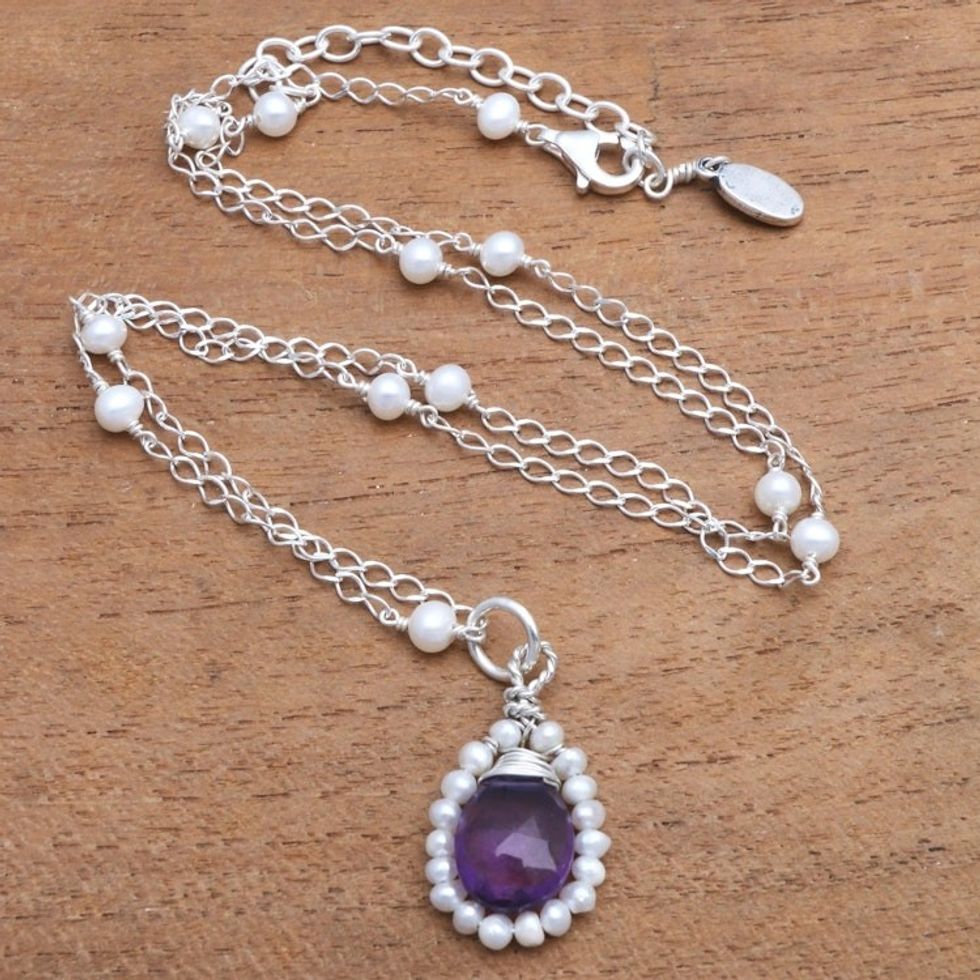 Amethyst and Cultured Pearl Pendant Necklace from Bali 'Wreathed Beauty'