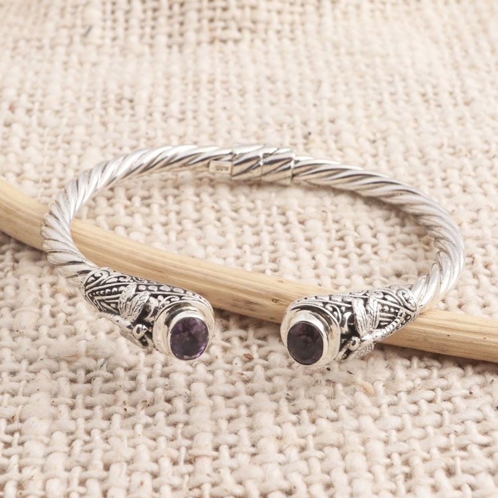 Amethyst Cuff Bracelet with Dragonfly Motif 'Perched Dragonfly'