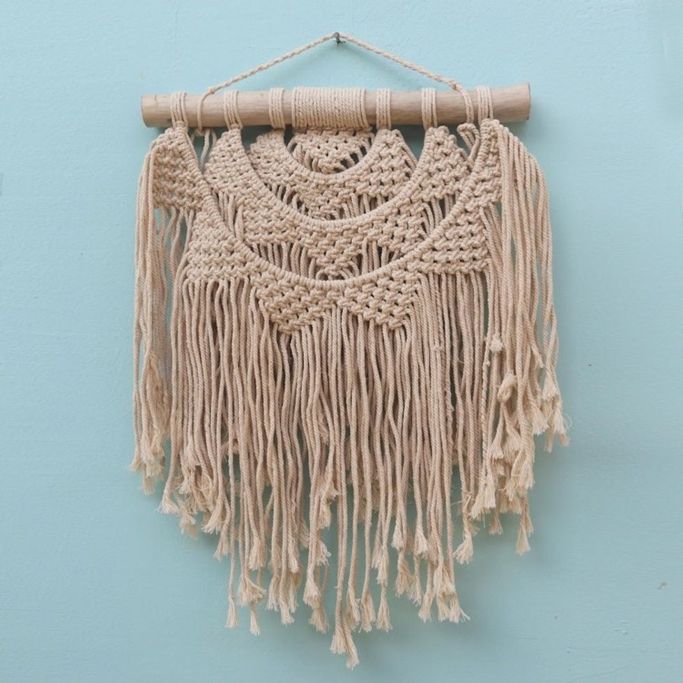 Hand-Knotted Cotton Wall Hanging with Fringe from Bali 'Tegalalang Sunrise'