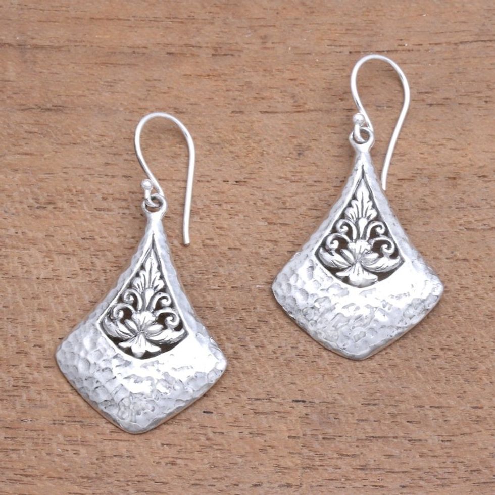 Kit-Shaped Sterling Silver Dangle Earrings from Bali 'Floral Kites'