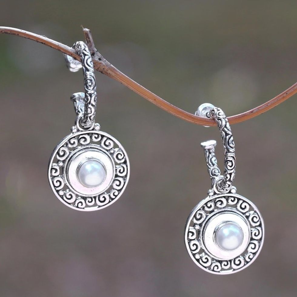 Reversible Cultured Pearl and Garnet Dangle Earrings 'Hidden Buddha's Curls'