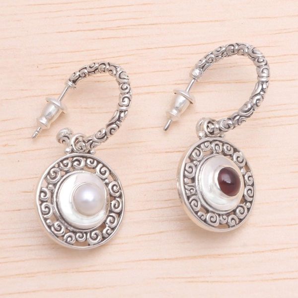 Alternate image for Reversible Cultured Pearl and Garnet Dangle Earrings Hidden Buddhas Curls