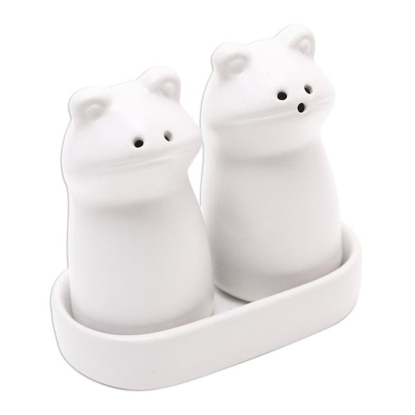 Alternate image for Matte White Ceramic Frog Salt and Pepper Shakers with Tray Fanciful Frogs in White