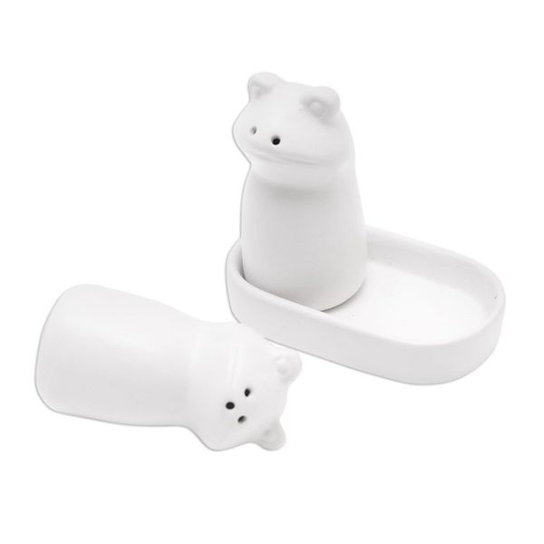 Alternate image for Matte White Ceramic Frog Salt and Pepper Shakers with Tray Fanciful Frogs in White
