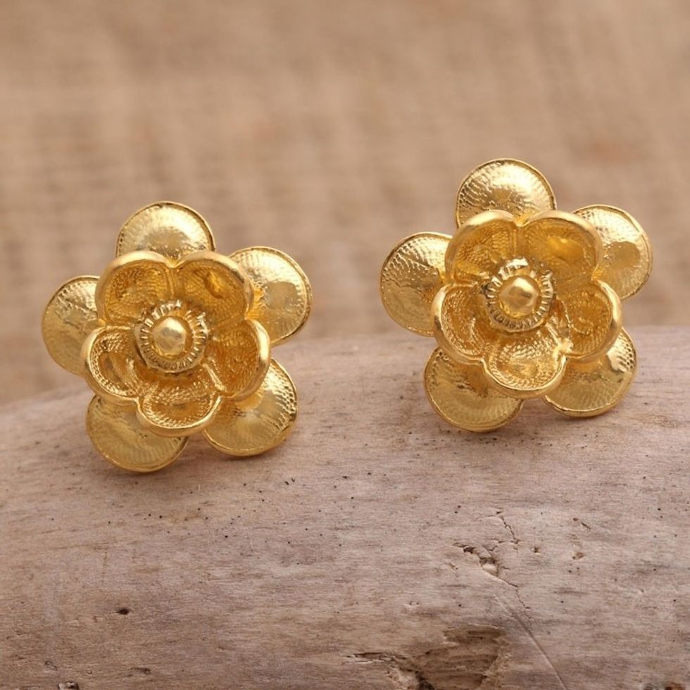 Gold-Plated Floral-Motif Button Earrings 'Cosmos Flower'