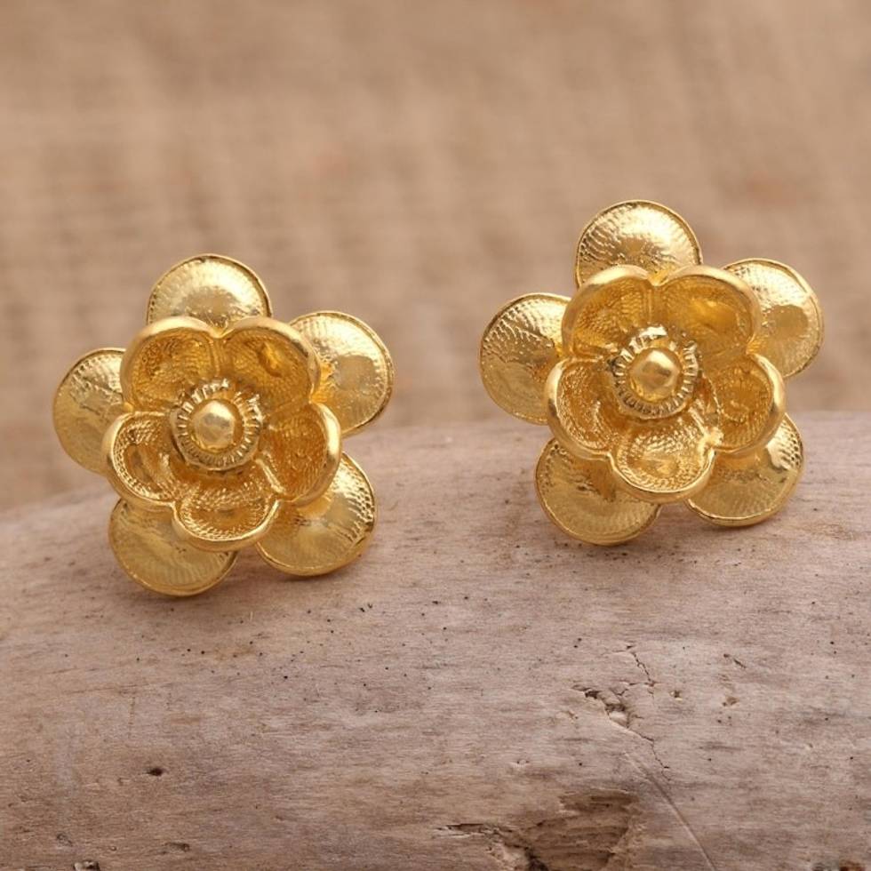 Gold-Plated Floral-Motif Button Earrings 'Cosmos Flower'