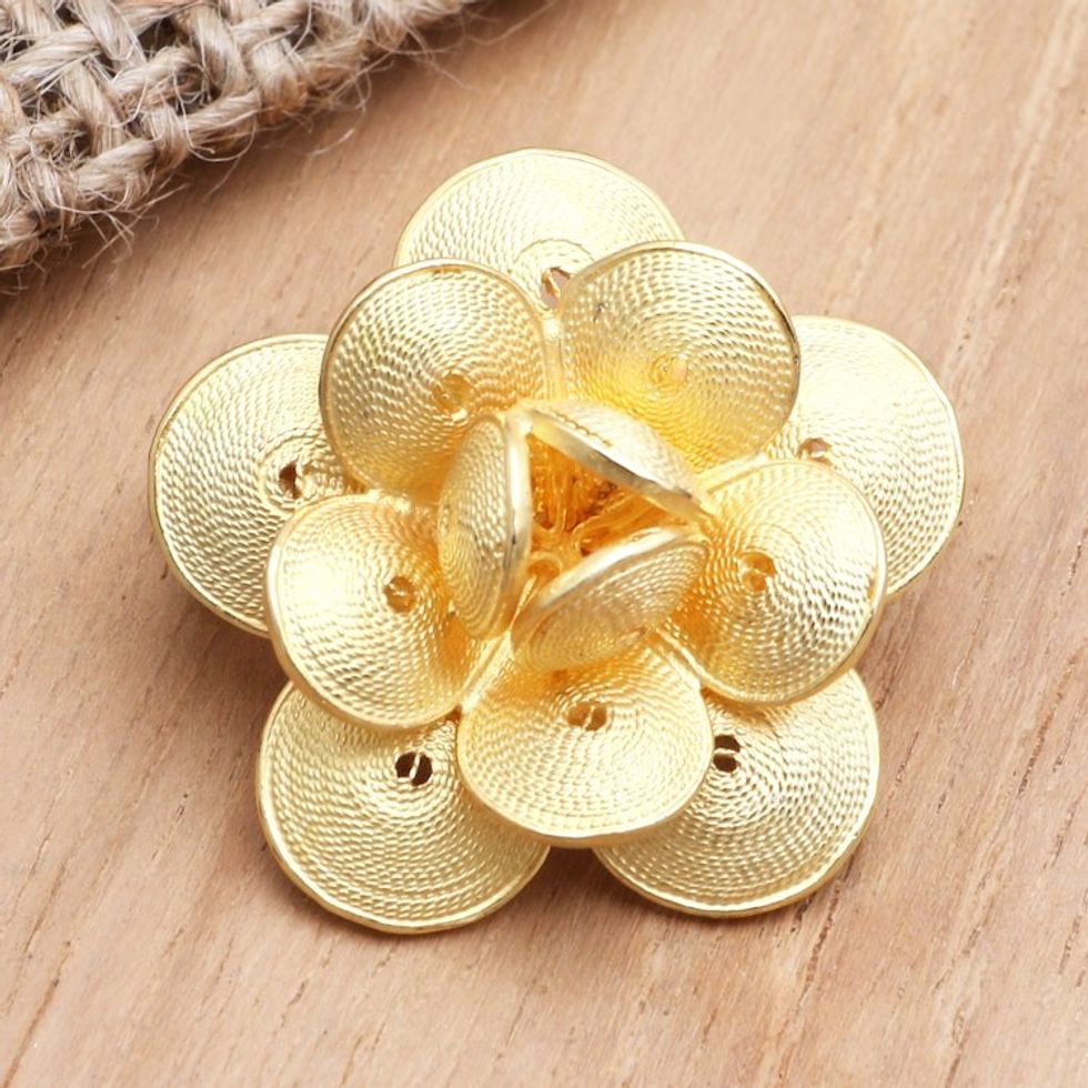 Handmade Gold-Plated Sterling Silver Flower Brooch 'Plumeria Glimmer'