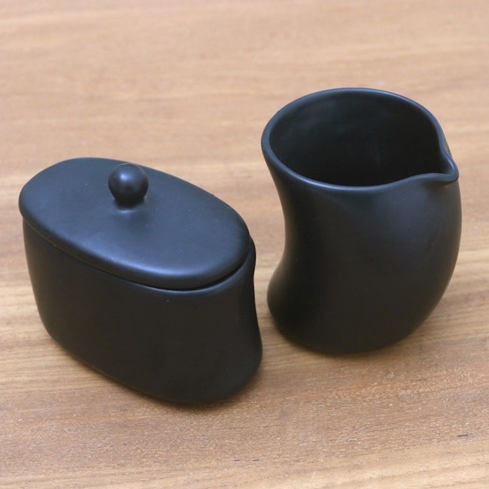 Black Ceramic Creamer and Sugar BowlSet Pair 'Sweet Morning in Black'