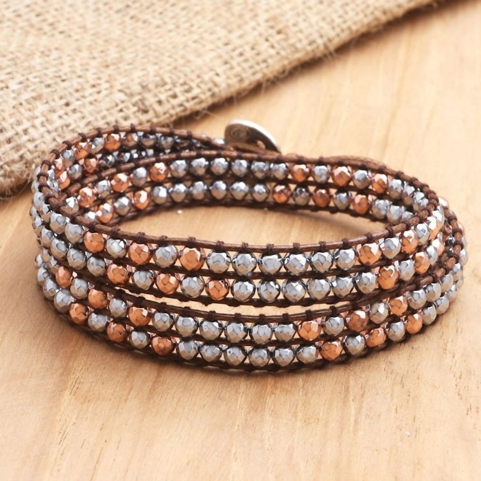 Artisan Crafted Hematite Beaded Wrap Bracelet 'Under the Earth'