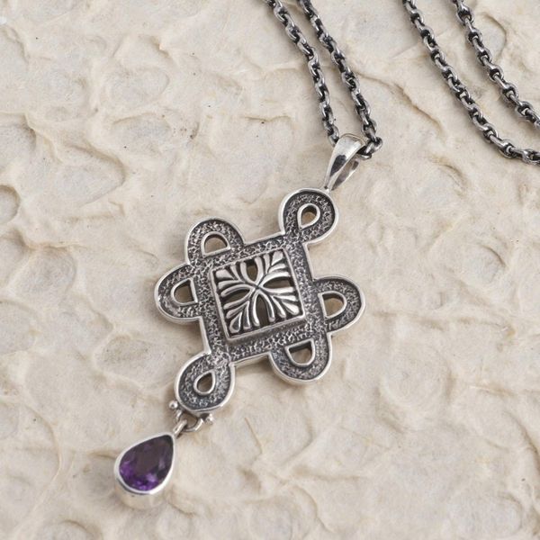 Alternate image for Hand Made Sterling Silver Amethyst Pendant Necklace Ocean Blaze