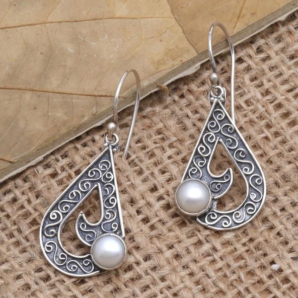 Alternate image for Sterling Silver and Cultured Freshwater Pearl Dangle Earring Sea Waves in White