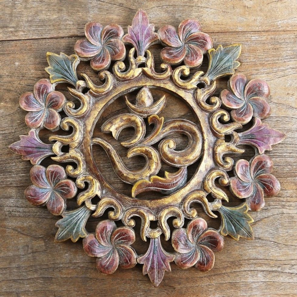 Hand Painted Floral-Themed Suar Wood Relief Panel 'Floral Ong-Kara'