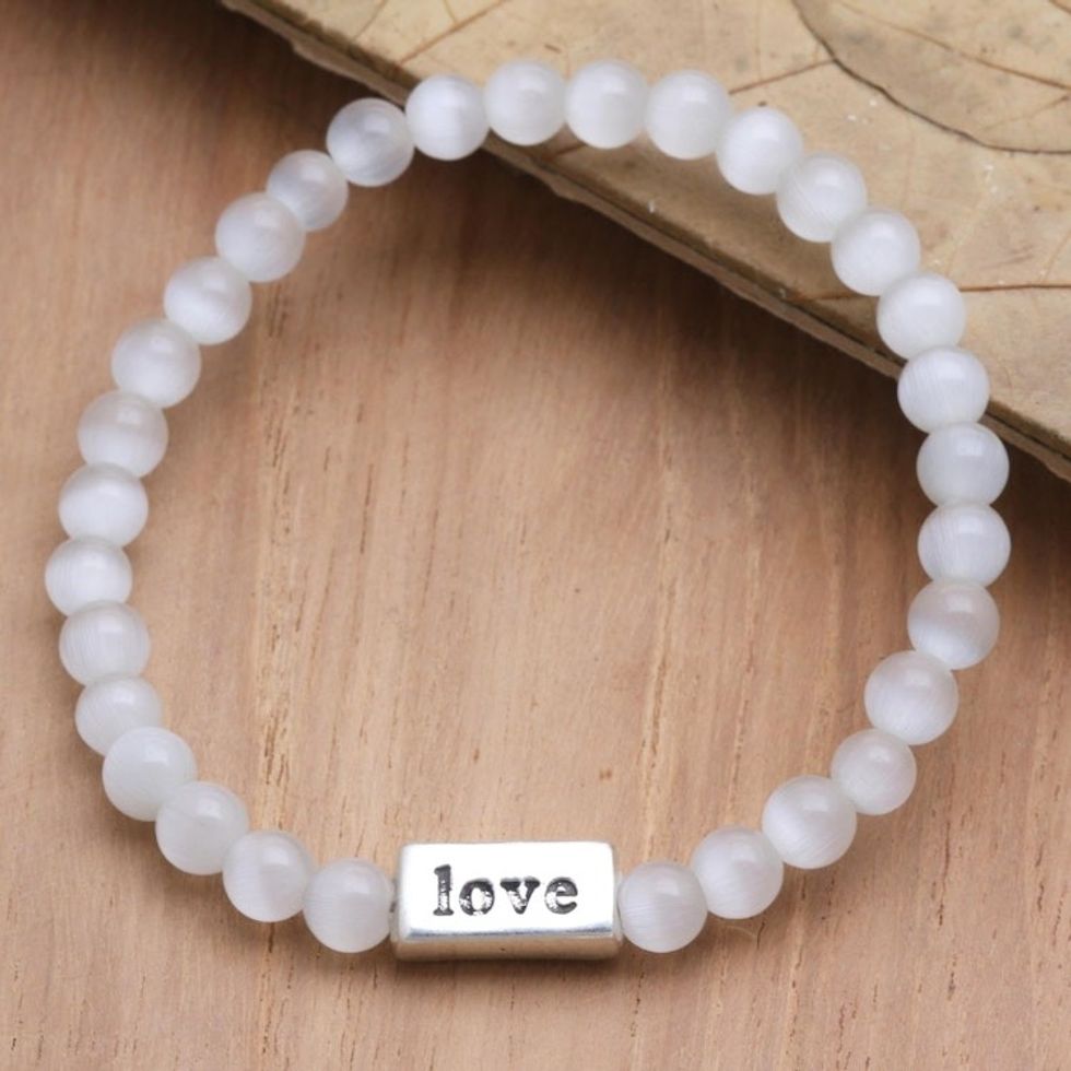 Quartz and Sterling Silver Stretch Bracelet 'Cherished One in White'