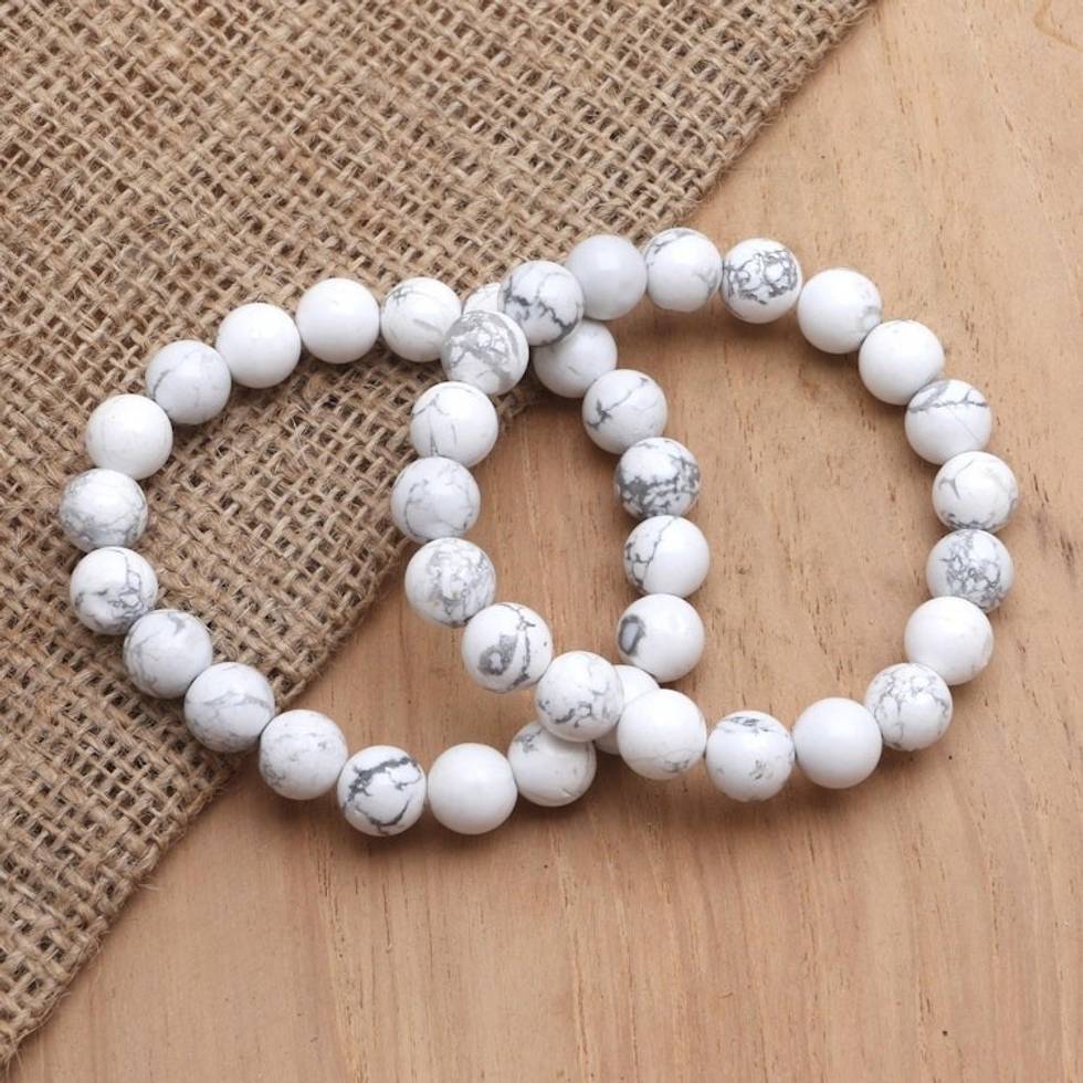 Artisan Crafted Ceramic Beaded Stretch Bracelet Set of 2 'Thunder Clouds in Large'