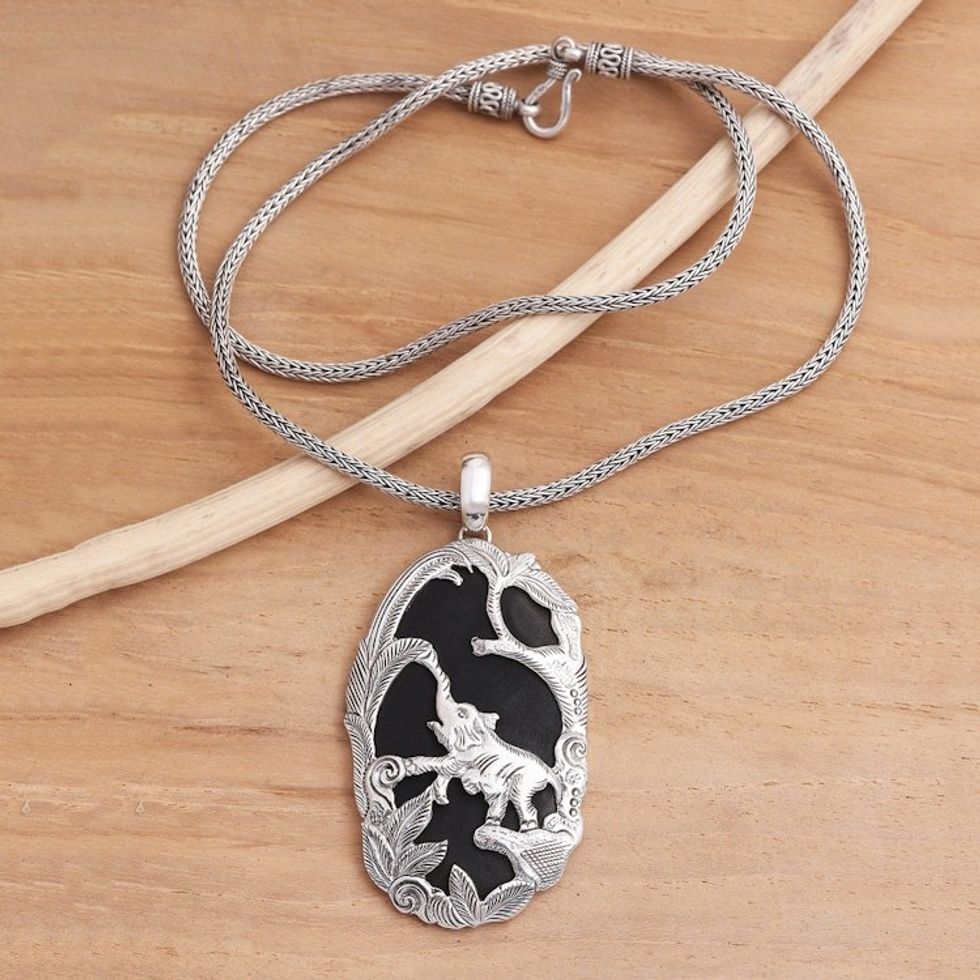 Sterling Silver and Lava Stone Elephant Pendant Necklace 'Elephant Habitat'