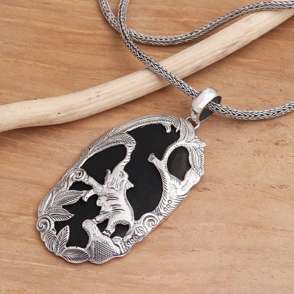 Alternate image for Sterling Silver and Lava Stone Elephant Pendant Necklace Elephant Habitat