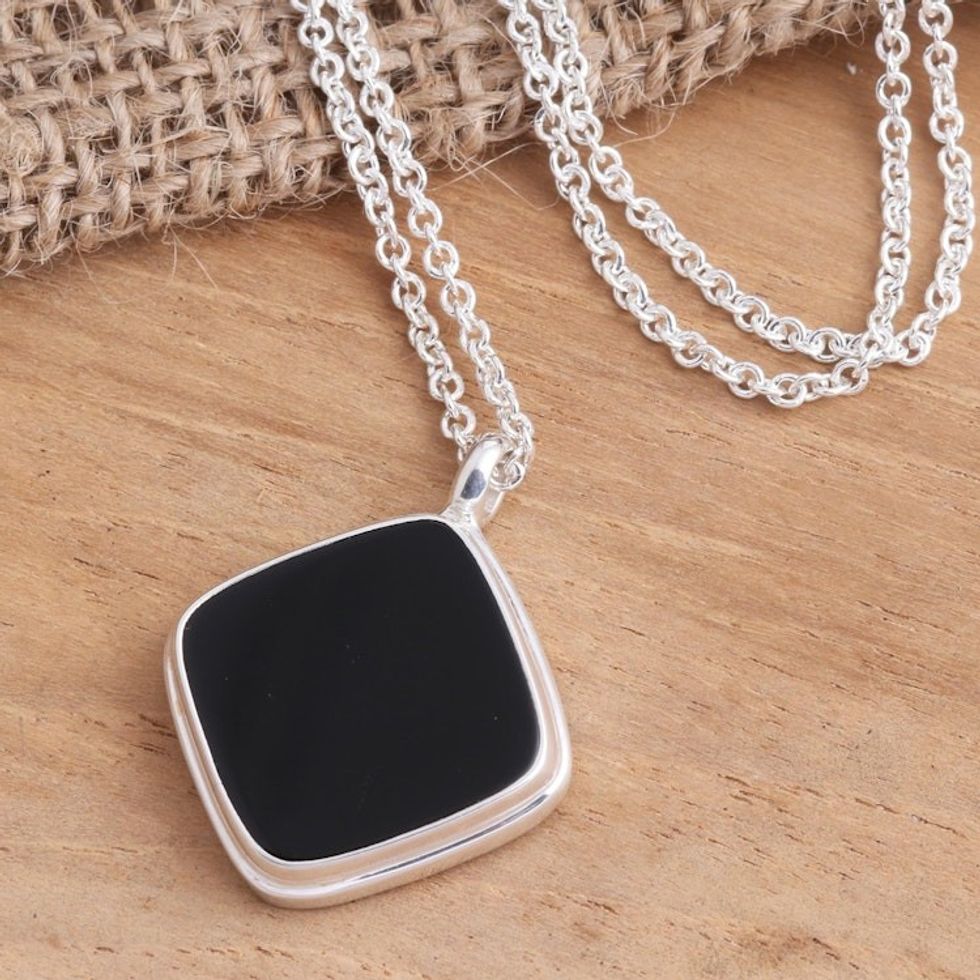 Sterling Silver Square Black Onyx Pendant Necklace 'Diagonal Square'