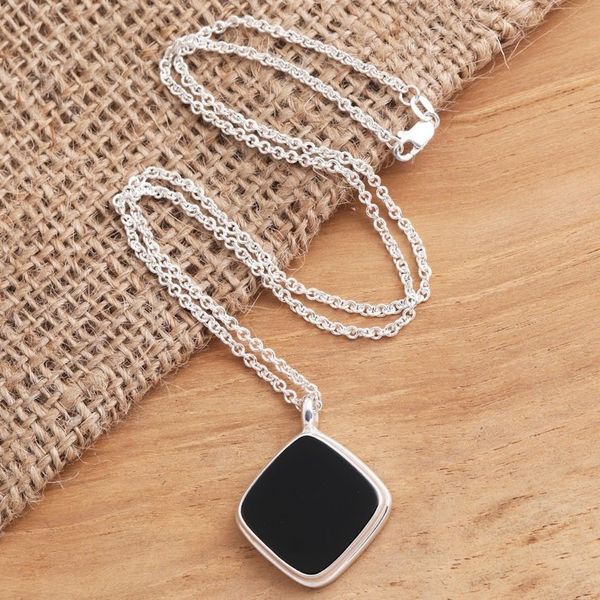 Alternate image for Sterling Silver Square Black Onyx Pendant Necklace Diagonal Square