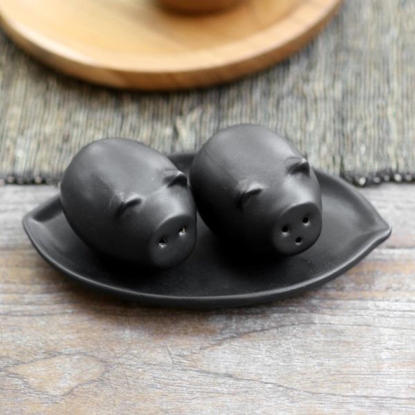 Alternate image for Matte Black Ceramic Pig Salt and Pepper Shakers with Tray Portly Pigs in Black