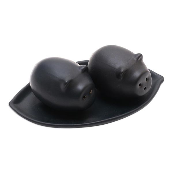Alternate image for Matte Black Ceramic Pig Salt and Pepper Shakers with Tray Portly Pigs in Black