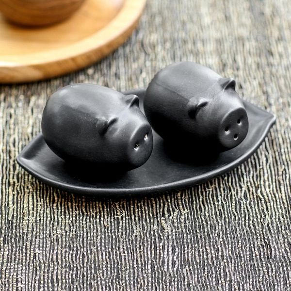 Alternate image for Matte Black Ceramic Pig Salt and Pepper Shakers with Tray Portly Pigs in Black