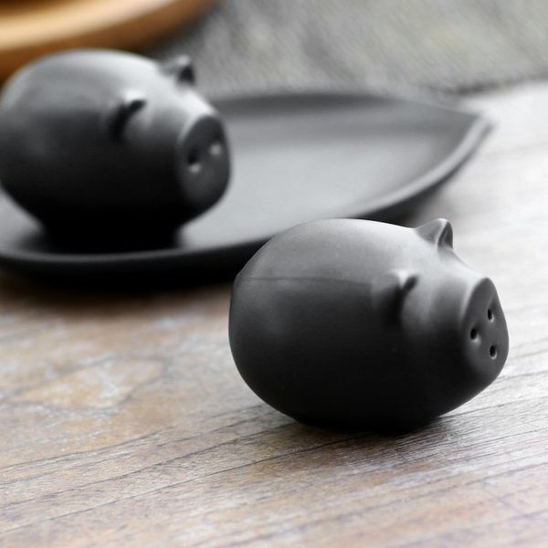 Alternate image for Matte Black Ceramic Pig Salt and Pepper Shakers with Tray Portly Pigs in Black