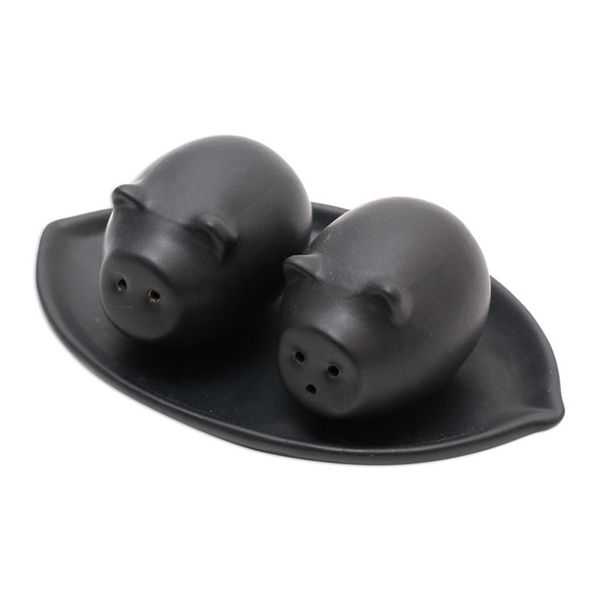 Alternate image for Matte Black Ceramic Pig Salt and Pepper Shakers with Tray Portly Pigs in Black