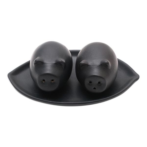 Alternate image for Matte Black Ceramic Pig Salt and Pepper Shakers with Tray Portly Pigs in Black