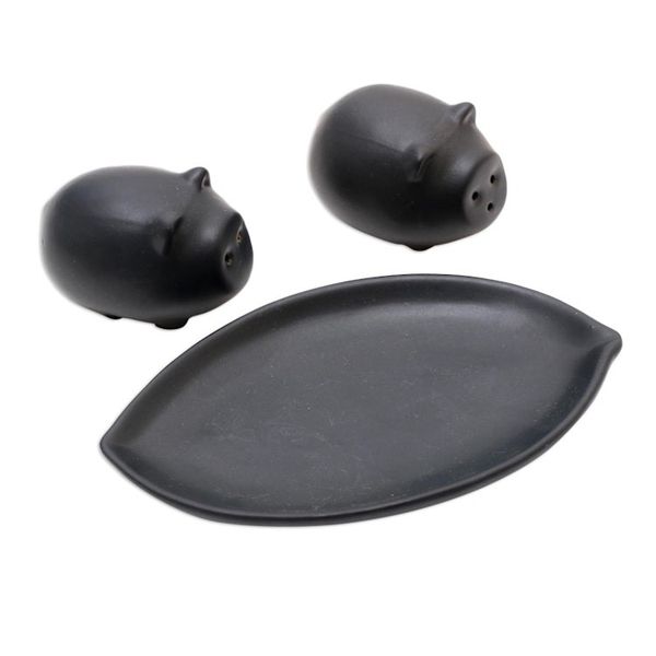 Alternate image for Matte Black Ceramic Pig Salt and Pepper Shakers with Tray Portly Pigs in Black
