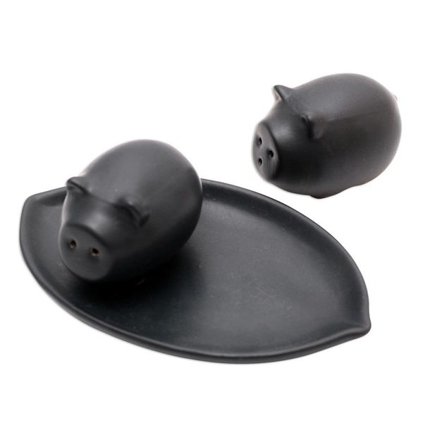 Alternate image for Matte Black Ceramic Pig Salt and Pepper Shakers with Tray Portly Pigs in Black