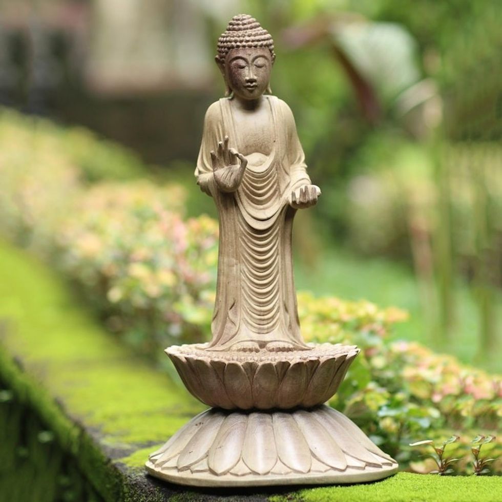 Hand Carved Hibiscus Wood Buddha Sculpture 'Buddha Brings Protection'