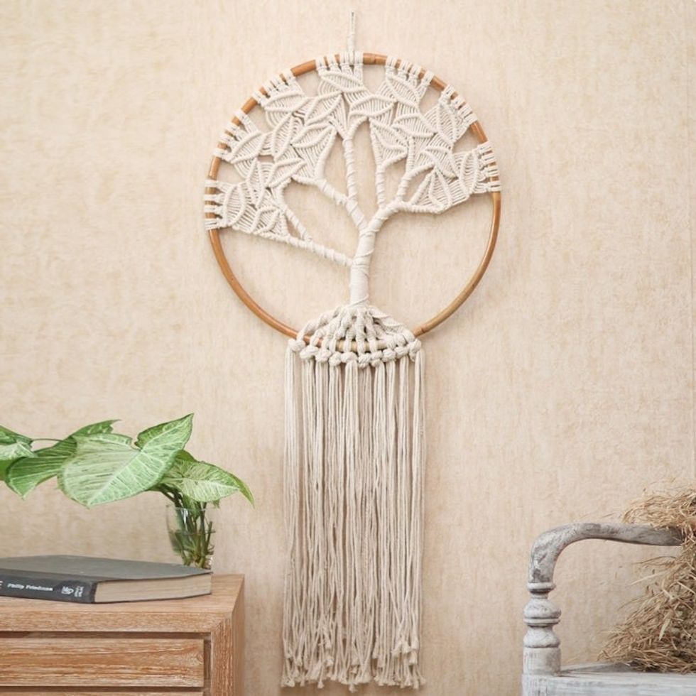 Handcrafted Ivory Macrame Tree Wall Hanging 'Deep Roots, Strong Branches'