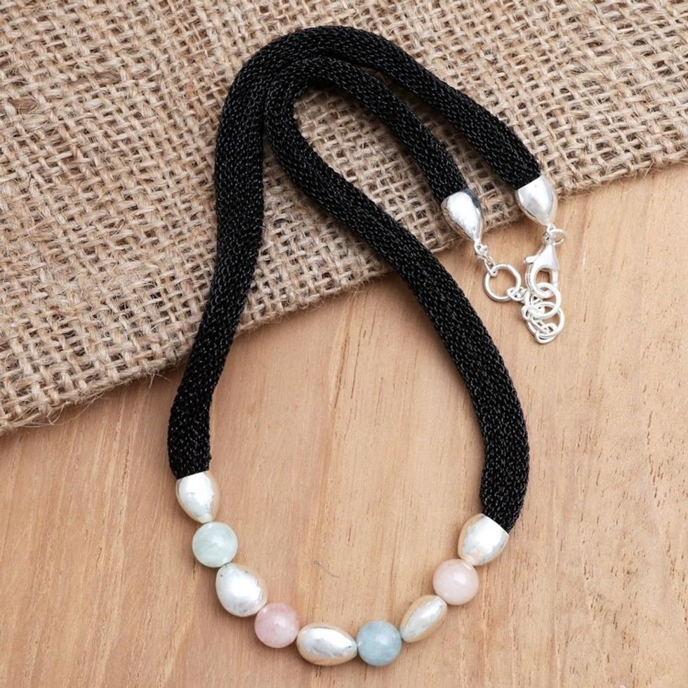 Artisan Crafted Rose Quartz and Beryl Beaded Necklace 'Candy Crush'
