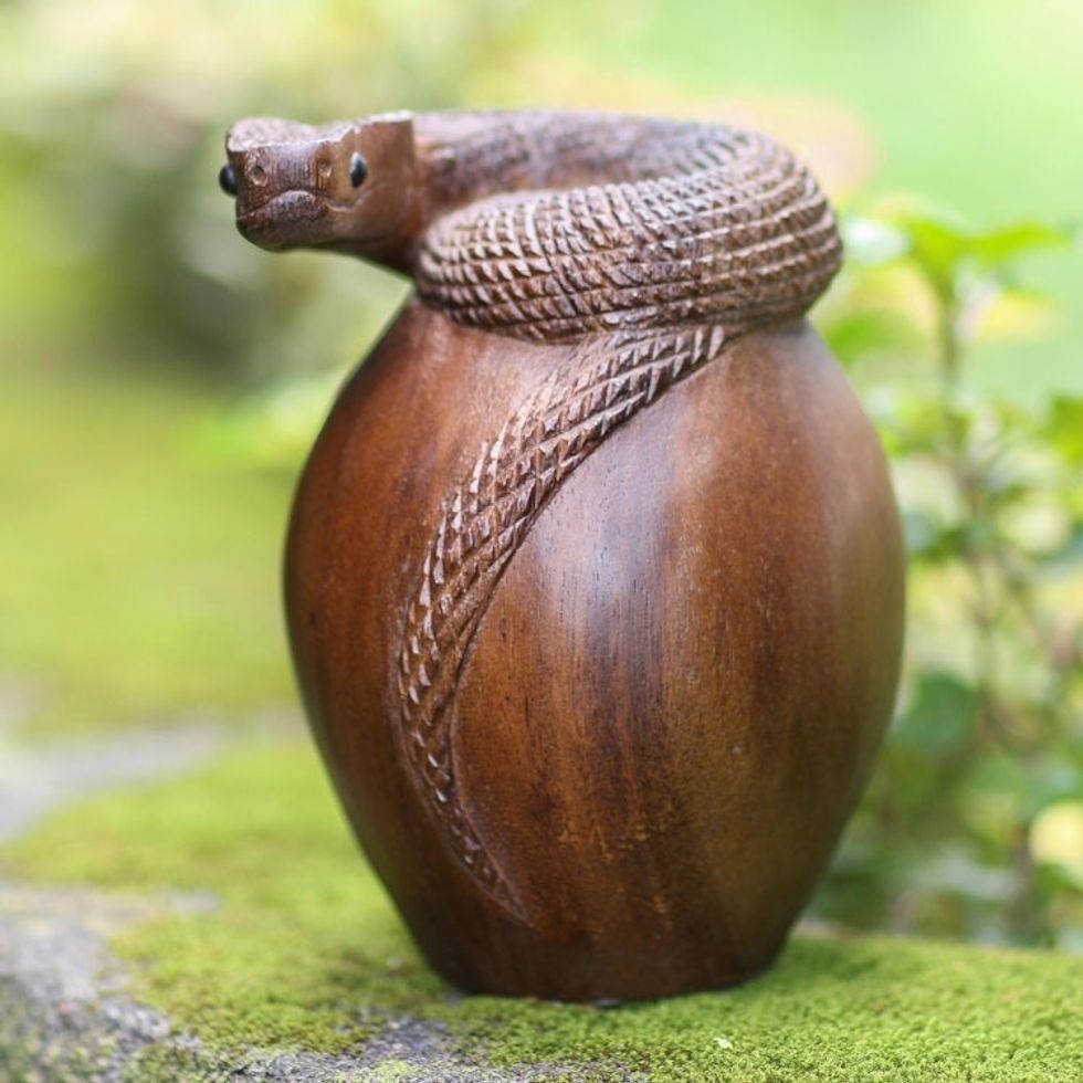 Hand Made Suar Wood Snake Statuette 'Shedding Snake'