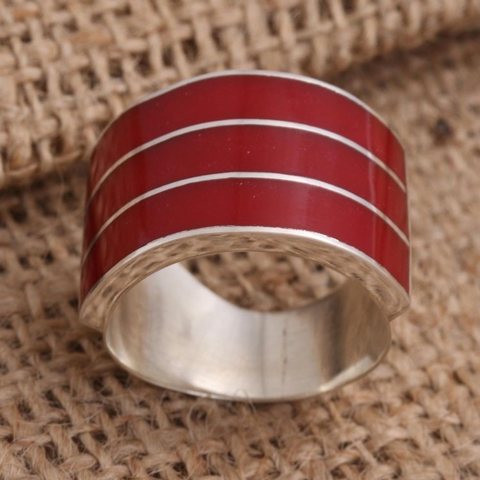 Triple Band Ring Red Resin Sterling Silver 'Band of Three - Red'