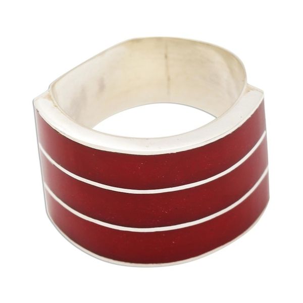Alternate image for Triple Band Ring Red Resin Sterling Silver Band of Three - Red