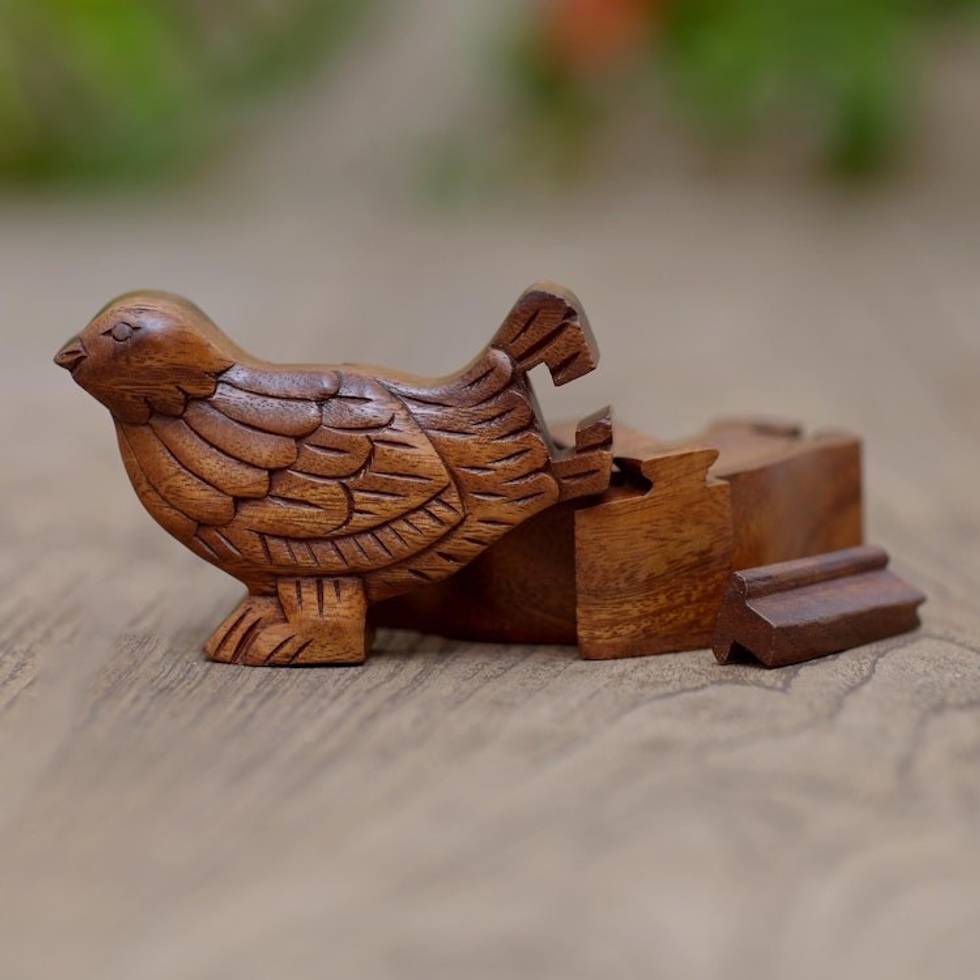 Handmade Suar Wood Magpie Puzzle Box 'Magic Magpie'