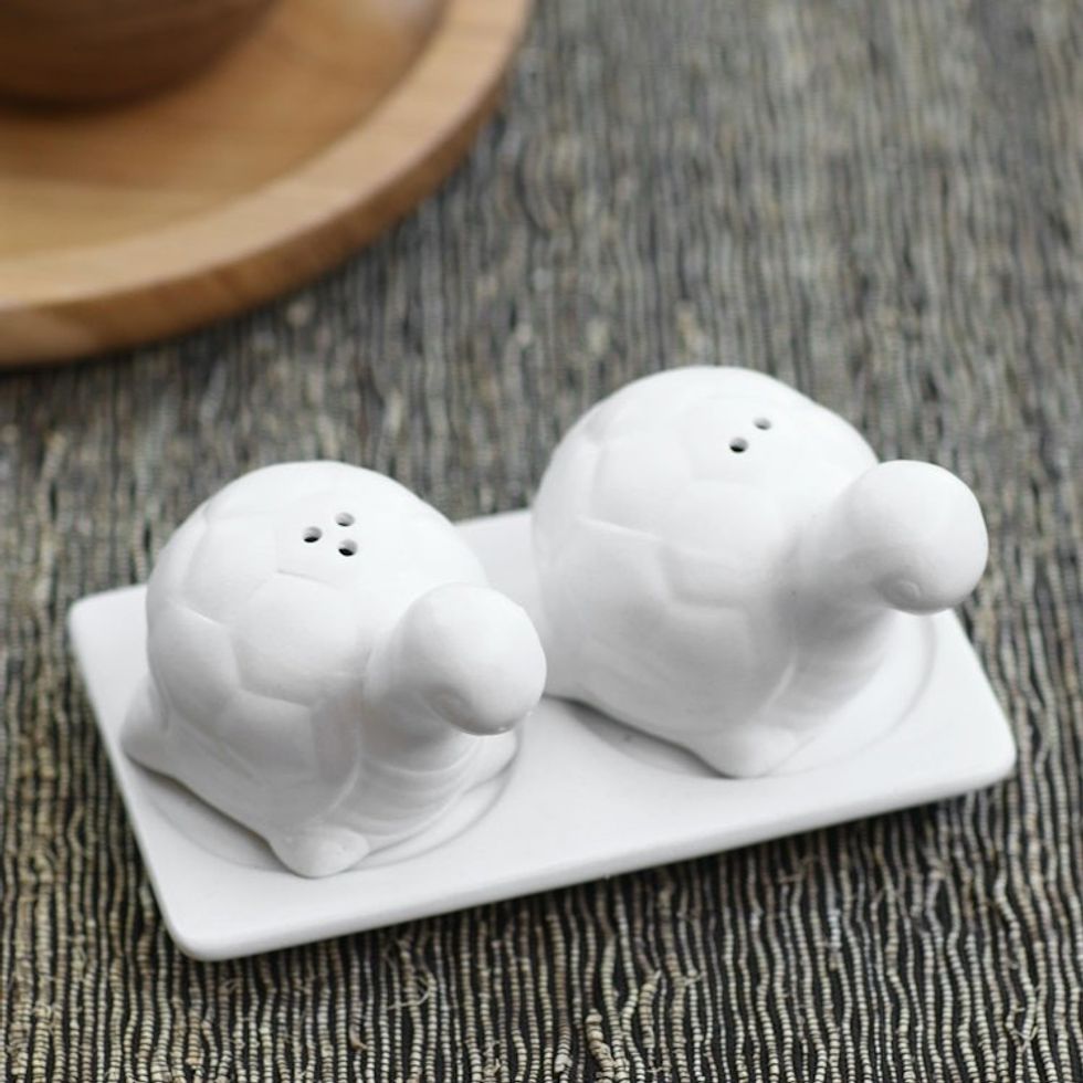 Matte White Ceramic Turtle Salt and Pepper Shakers with Tray 'Tortoise Friends in White'